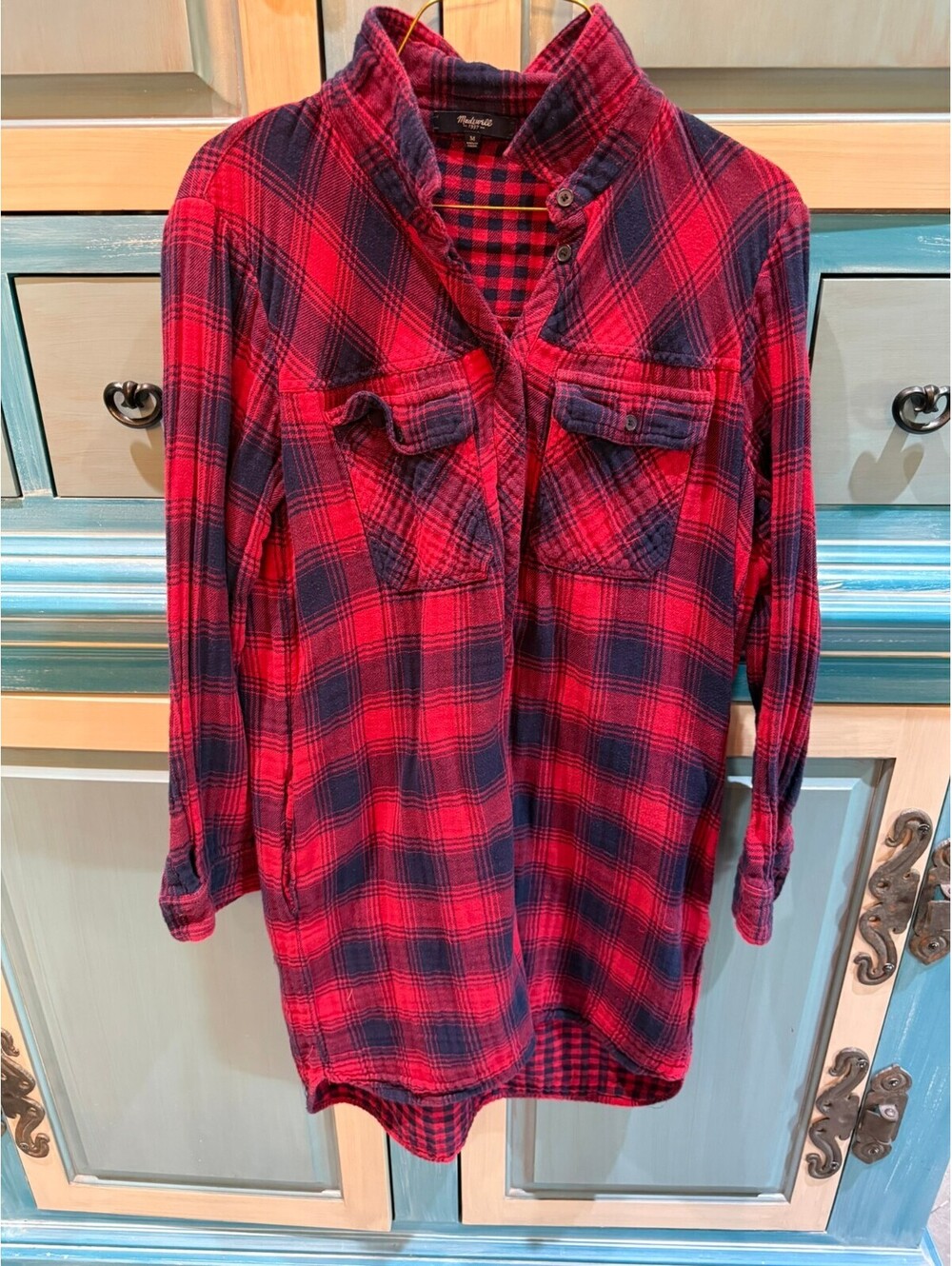 Madewell Red and Black Plaid Long Sleeve Shirt Dress Medium